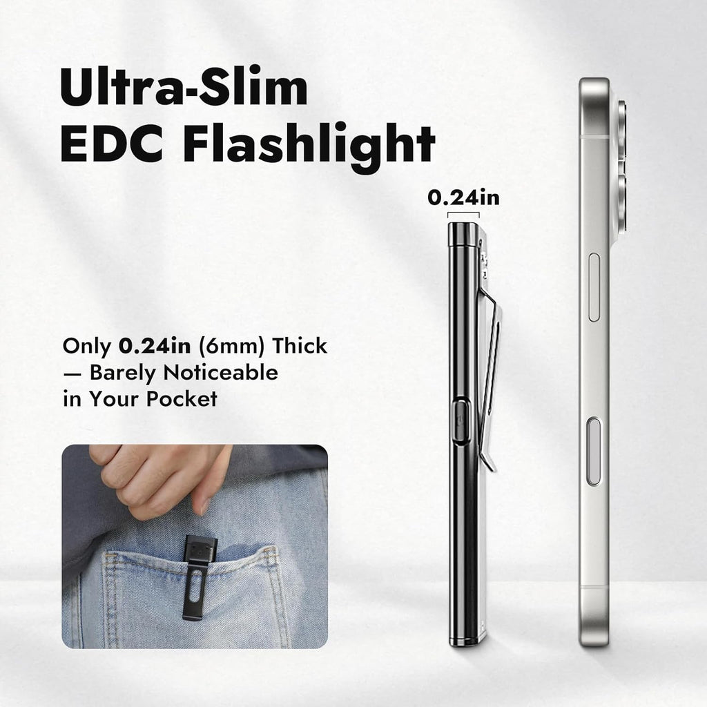 T7 Flat Rechargeable Flashlight, Slim Pocket LED EDC Light with Clip and Magnetic Base, Small Thin Handheld