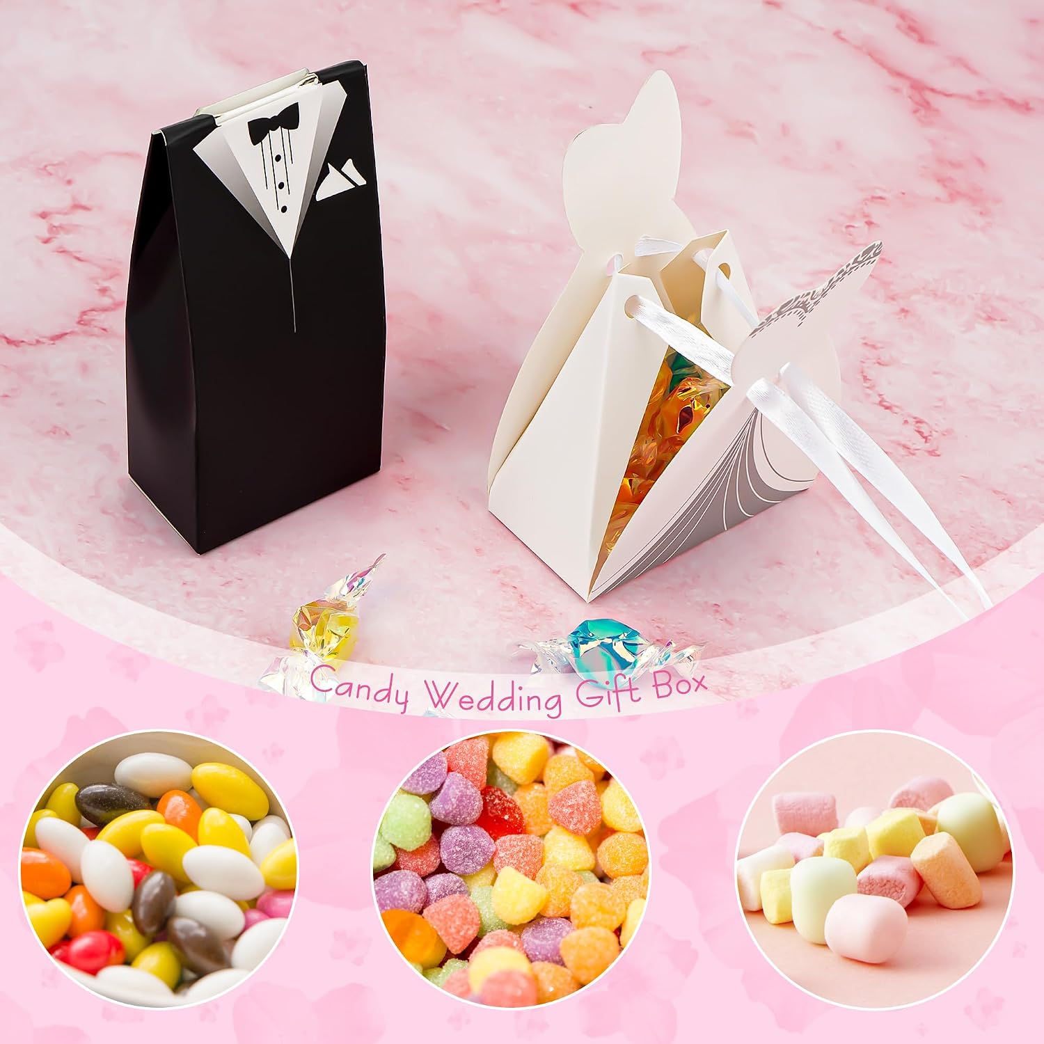 100 Pcs Wedding Candy Boxes, Tuxedo & Bride Favor Boxes, Creative Vintage Wedding Treat Bags with Ribbon for Bridal