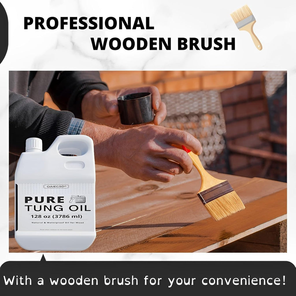 100% Pure Tung Oil 32oz, Wood Finish for Indoor Outdoor with Brush | Waterproof, Penetrates & Protects & Enhances