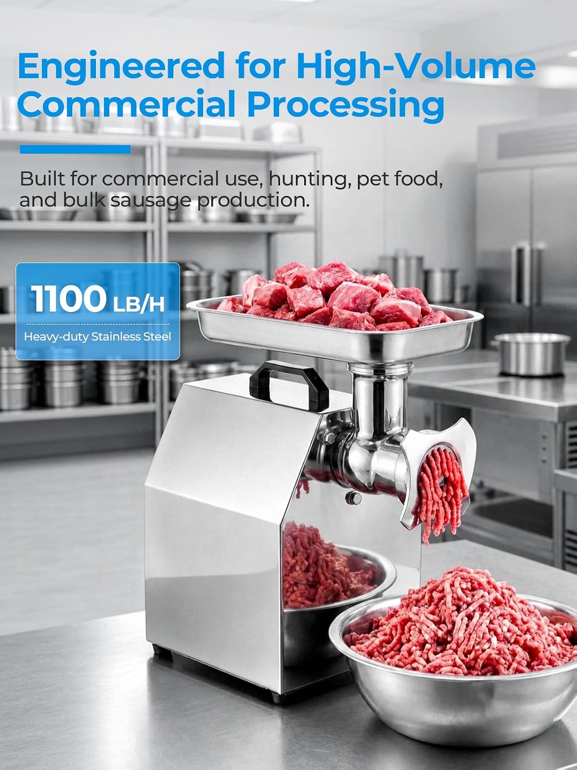 #22 Commercial Meat Grinder,1100 LB/H (19 LBS/Min),1.2HP Heavy-Duty Industrial Grinding Machine with Sausage Stuffing