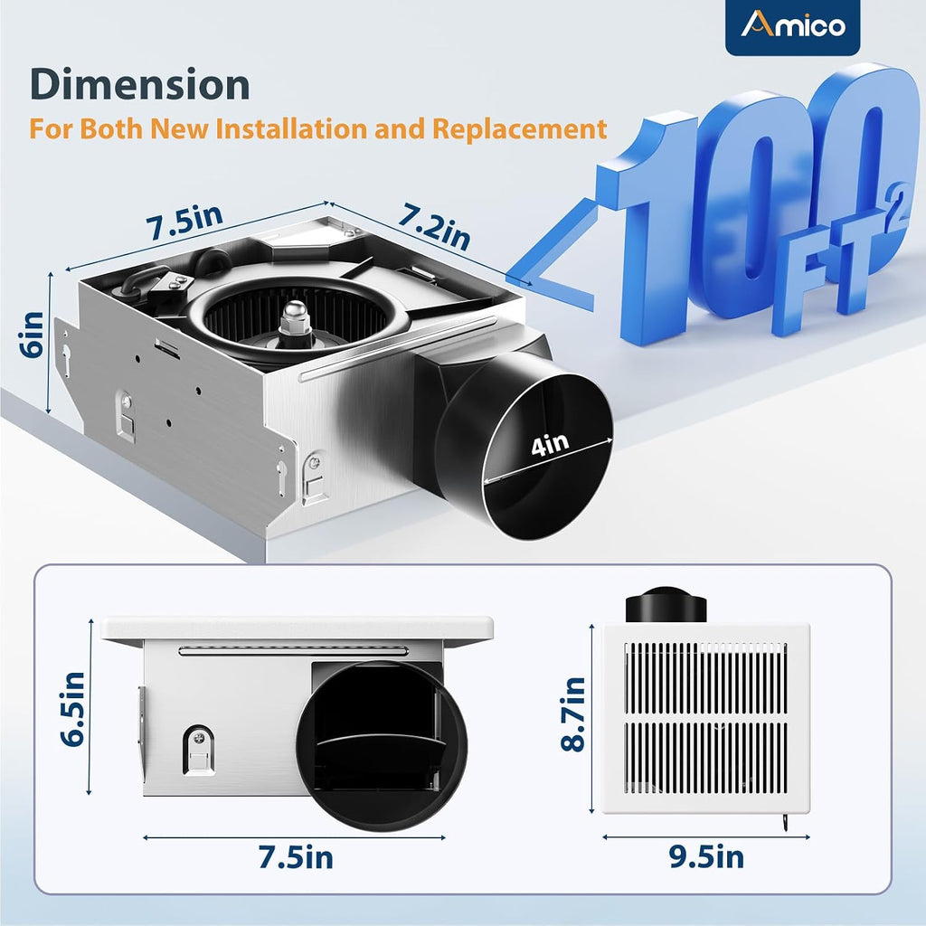 Amico Bathroom Exhaust Fan, 1.5 Sones, 110 CFM, No Attic Access Needed