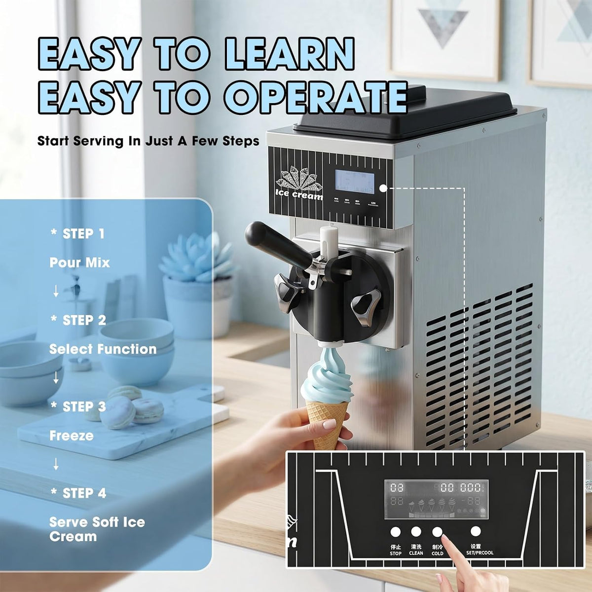 Soft Serve Ice Cream Machine, Commercial Countertop Ice Cream Maker with 4-5l/H Output, Digital Adjustment Panel