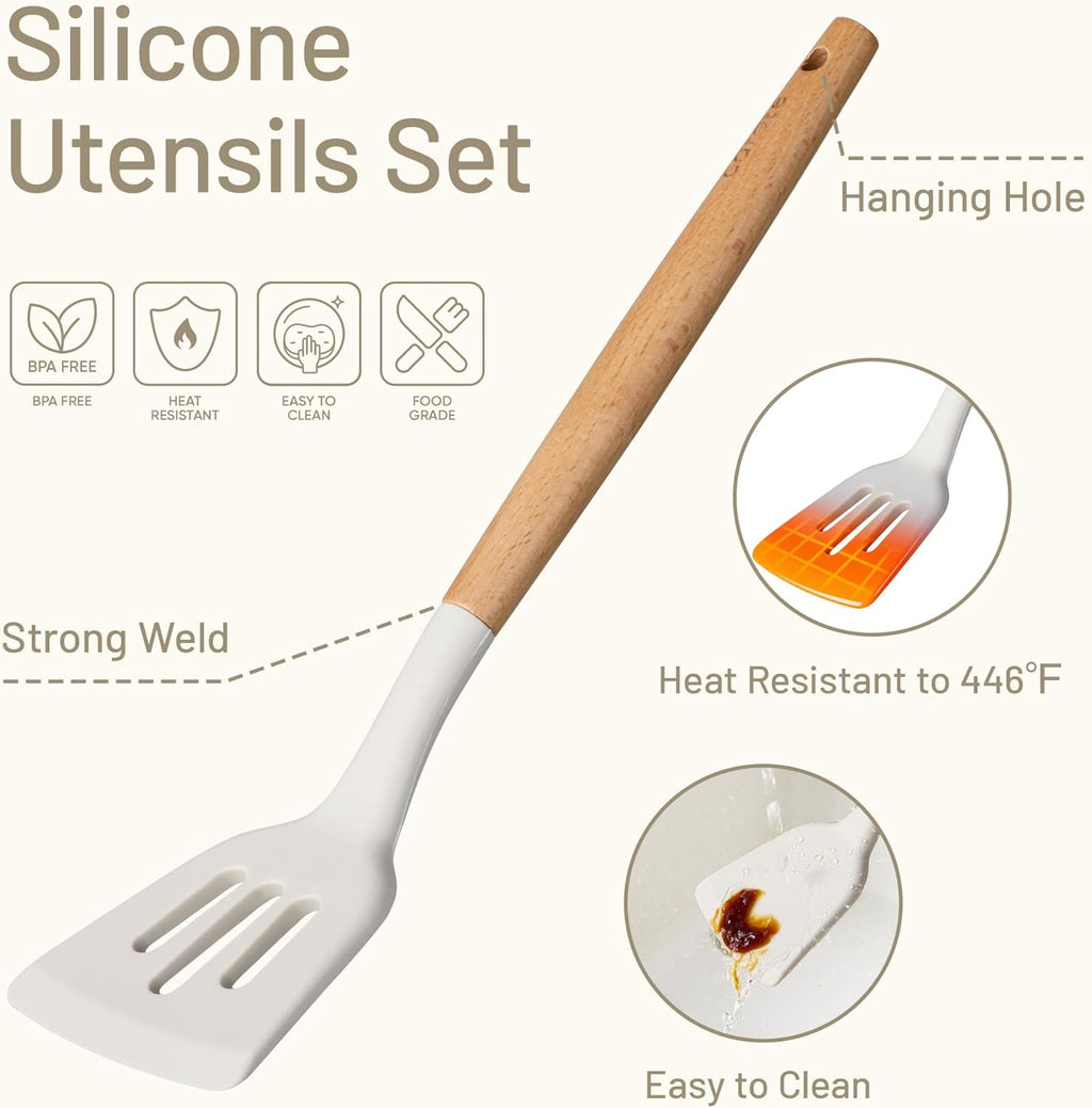 Silicone Cooking Utensils Set, Kitchen Utensils Set 10 Pcs for cooking, BPA Free Spatula Set with Heat Resistant Wood