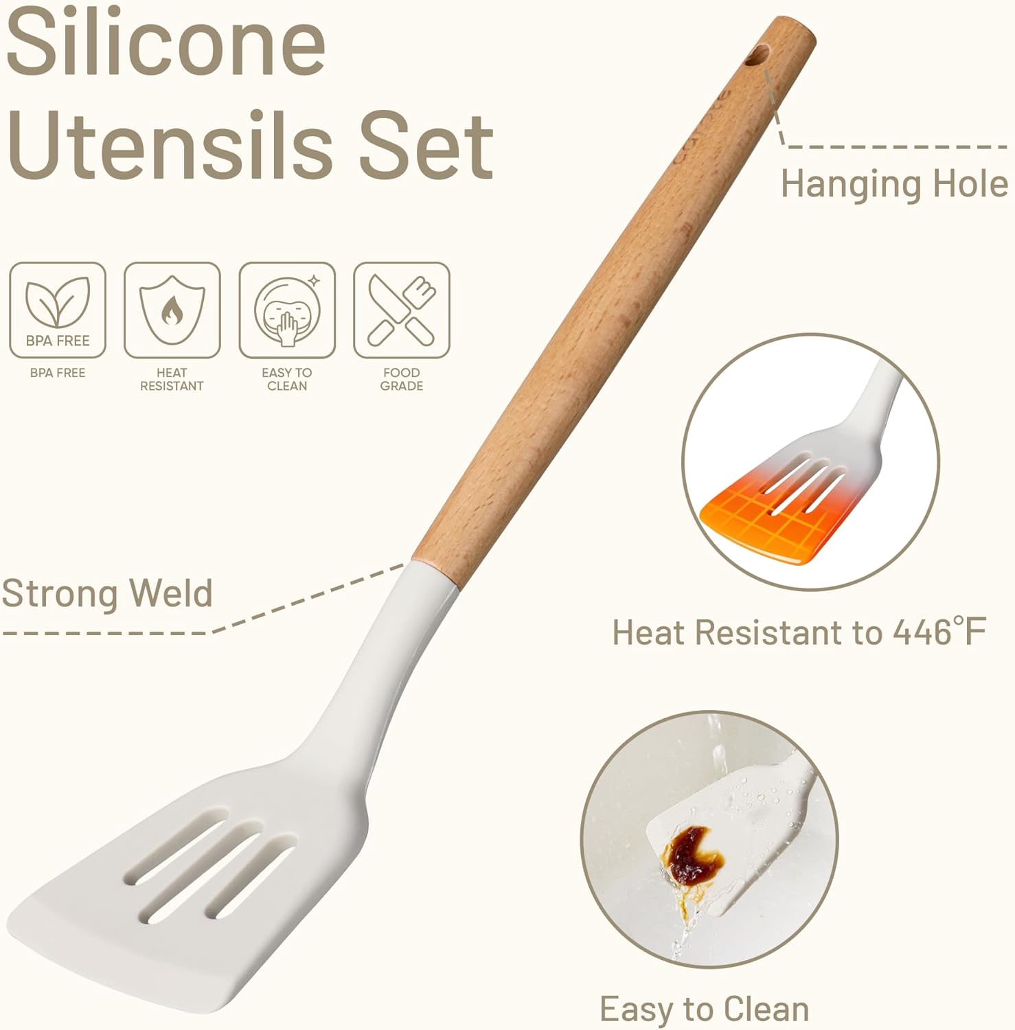 Silicone Cooking Utensils Set, Kitchen Utensils Set 10 Pcs for cooking, BPA Free Spatula Set with Heat Resistant Wood