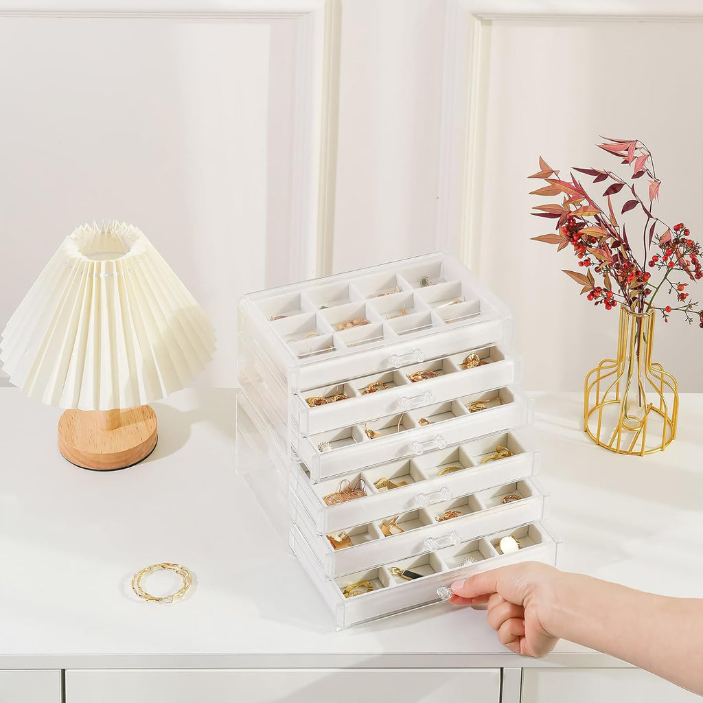 Earring Holder Organizer Box Jewelry Storage with 6 Drawers, Clear Acrylic Stackable Earring Case with Adjustable