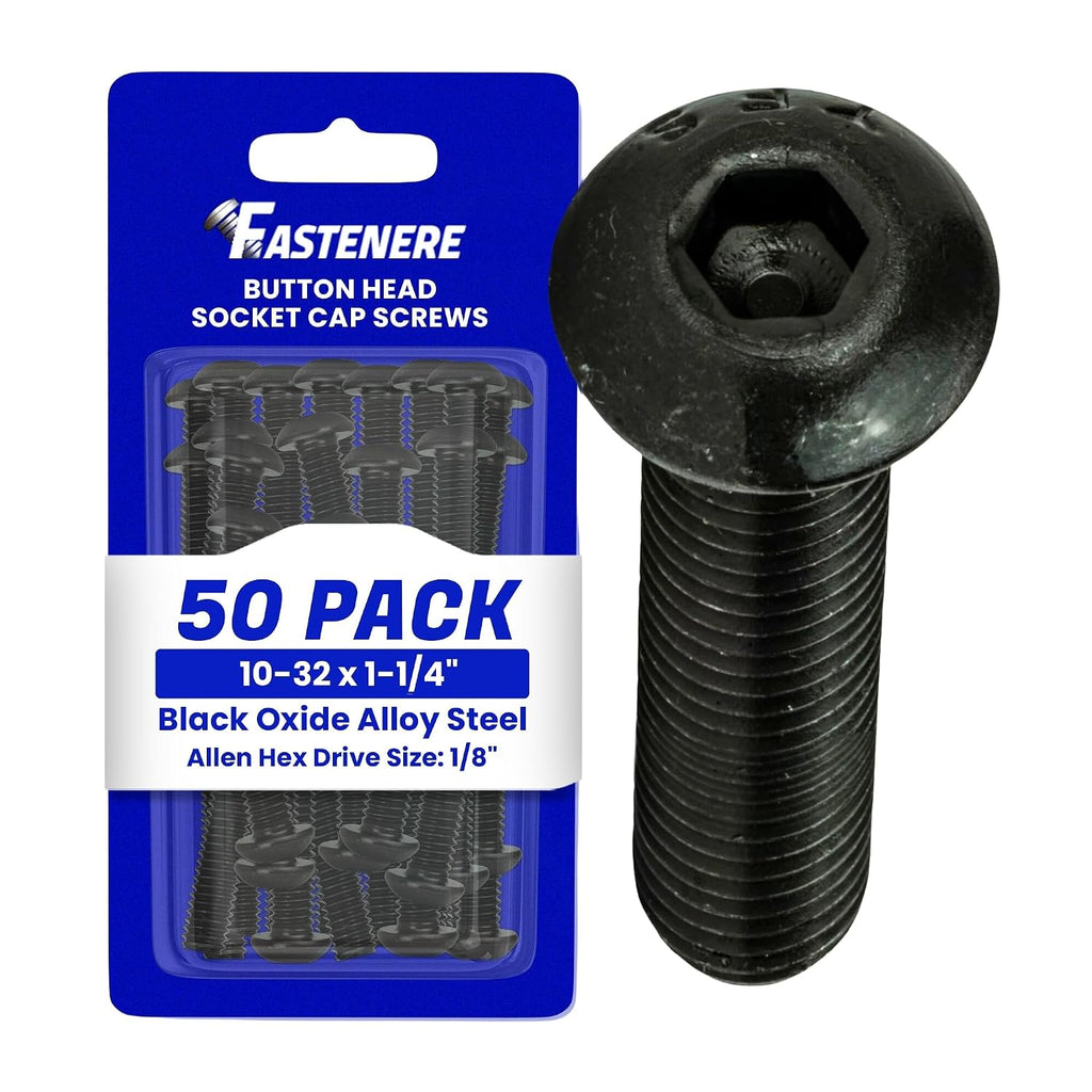 Fastenere Button Head Socket Cap Screws - 10-32 x 1-1/4" (50-Pcs) Alloy Steel, Fully Threaded, Fine Black Oxide Finish, Corrosion-Resistant, Machine Thread, Easy to Install w/Allen Hex Drive