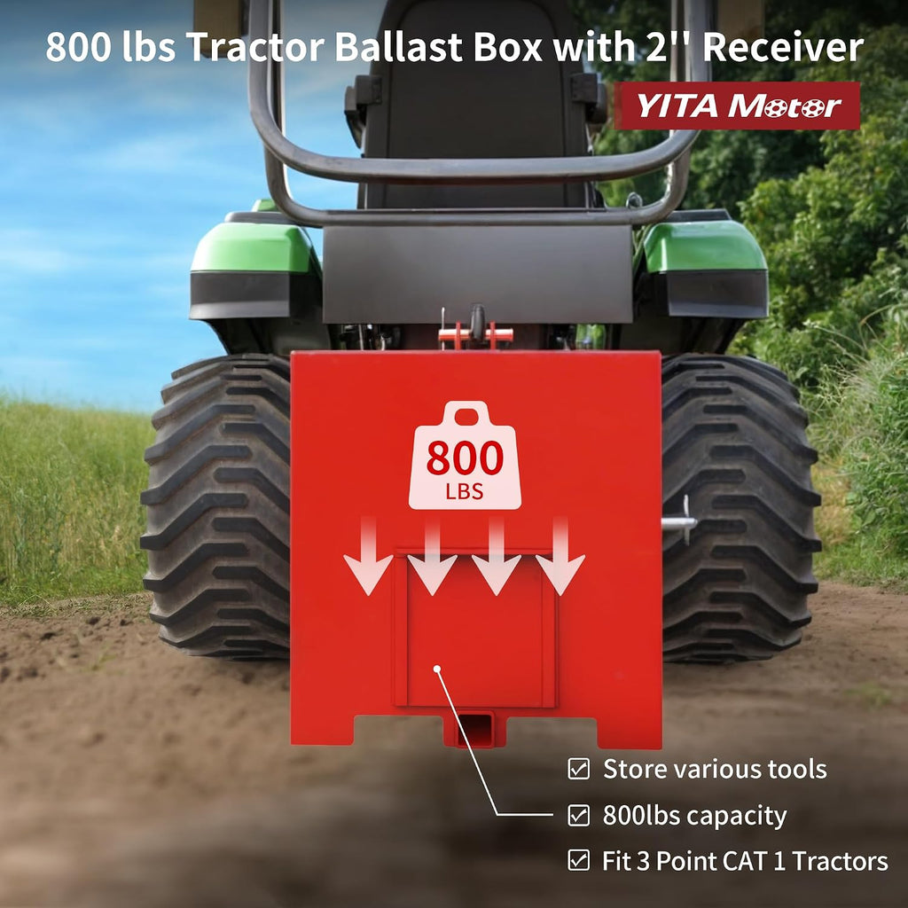 3 Point Hitch Ballast Box, 800 lbs Tractor Ballast Box with 2'' Quick Hitch Receiver for 3 Point Category 1 Tractors