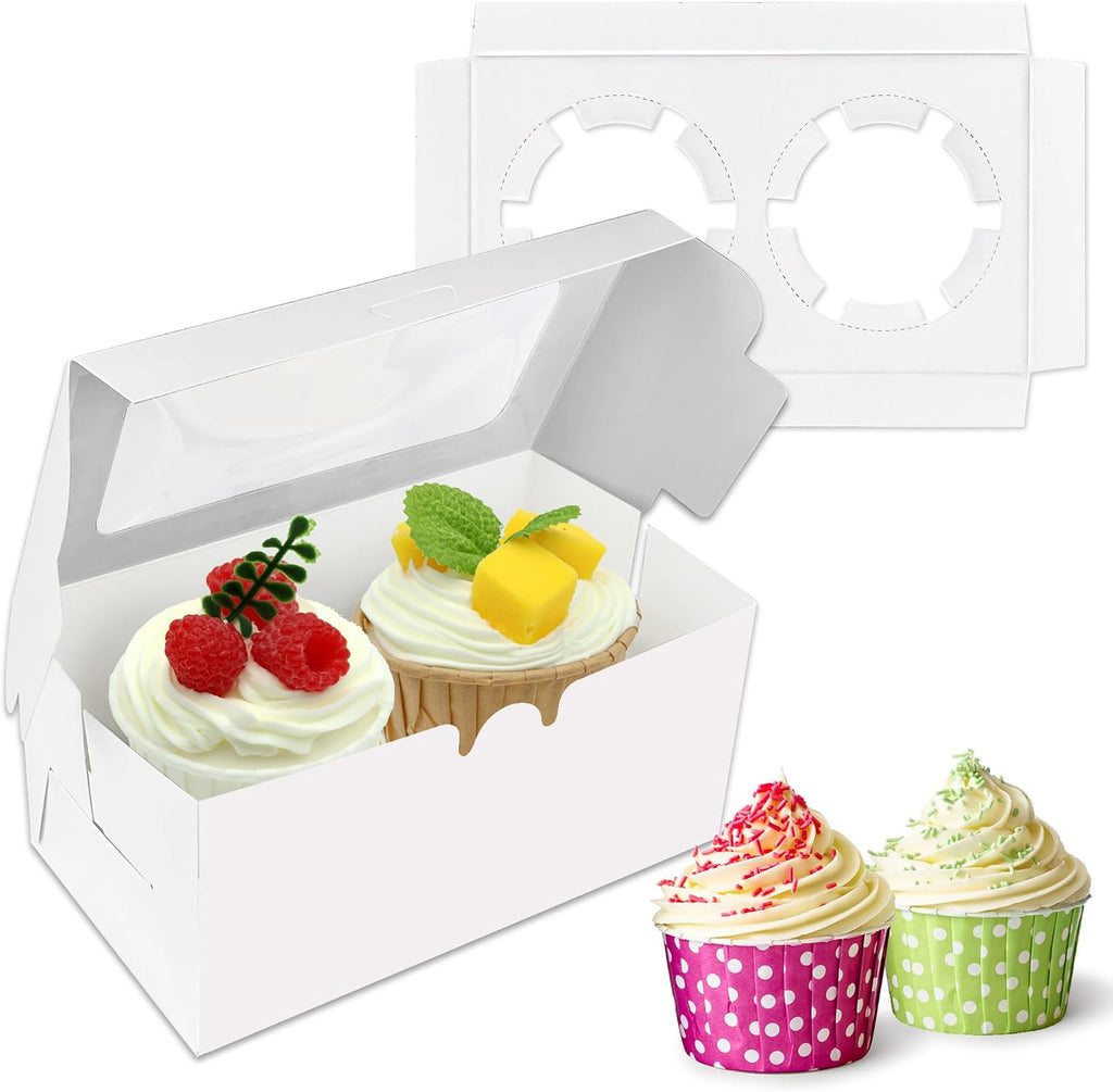 20 PCS White Paper Cupcake Boxes with 2 Cavity Cookie Gift Boxes with Clear Window 2 Treat Holder Cupcake Containers