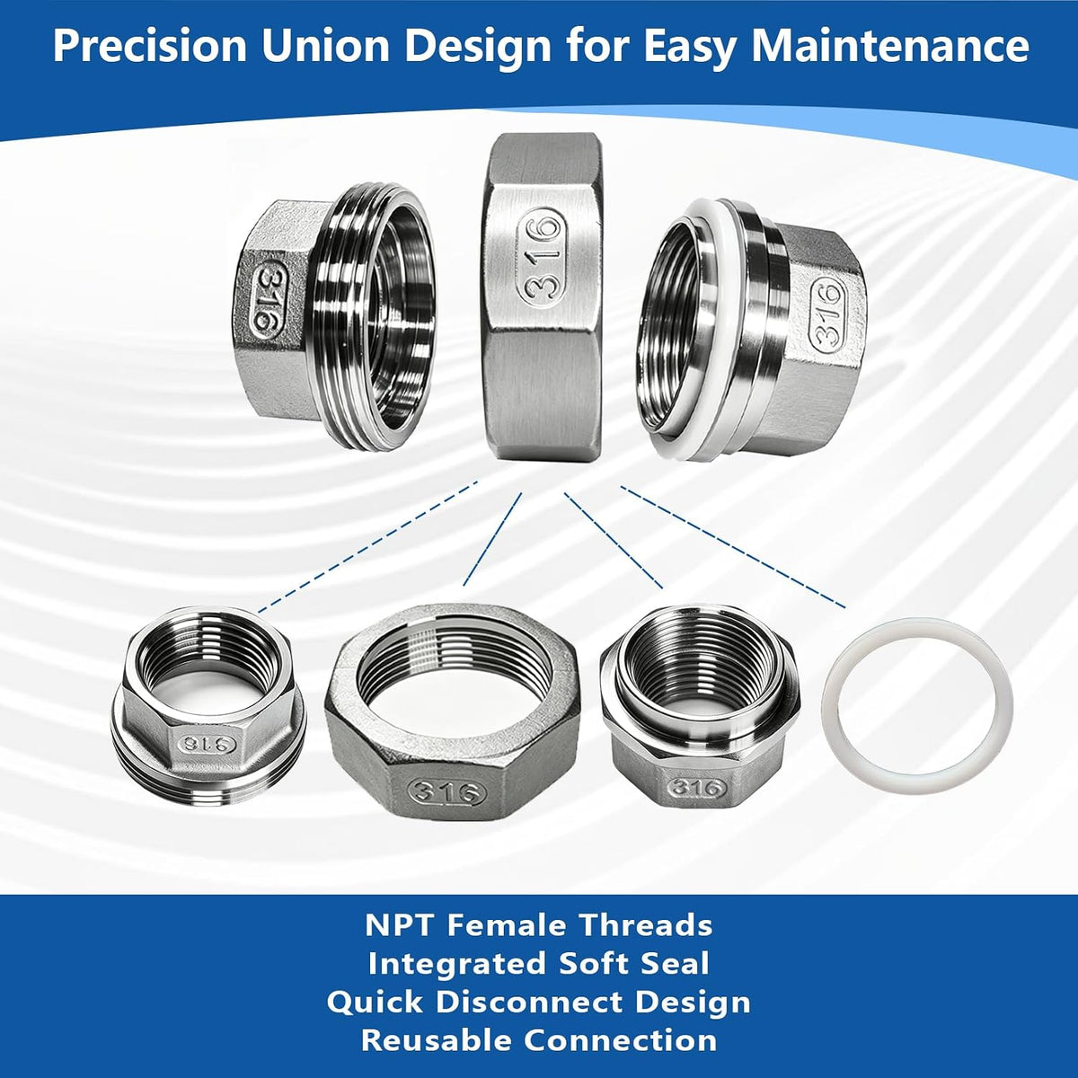 316 Stainless Steel Union Fitting, 3/4 Inch NPT Female, 2-Pack