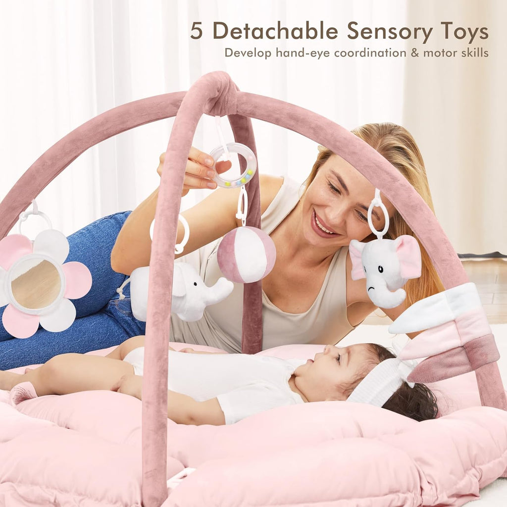 5 in 1 Baby Play Gym Mat, Reversible Tummy Time Mat with 5 Sensory Toys for Stage-Based Developmental, Thick & Large