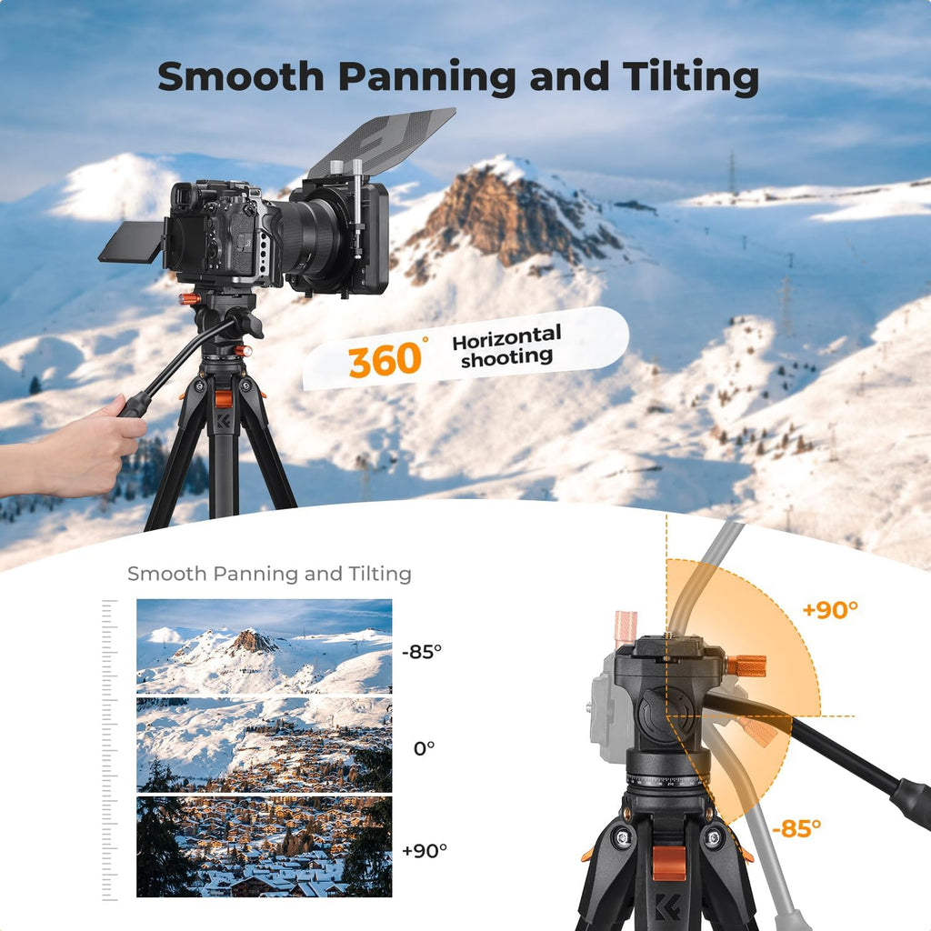 73" Camera Tripod with Fluid Head | Aluminum Travel Tripod, Smooth Pan/Tilt for DSLR/Mirrorless/Camcorder, Max Load