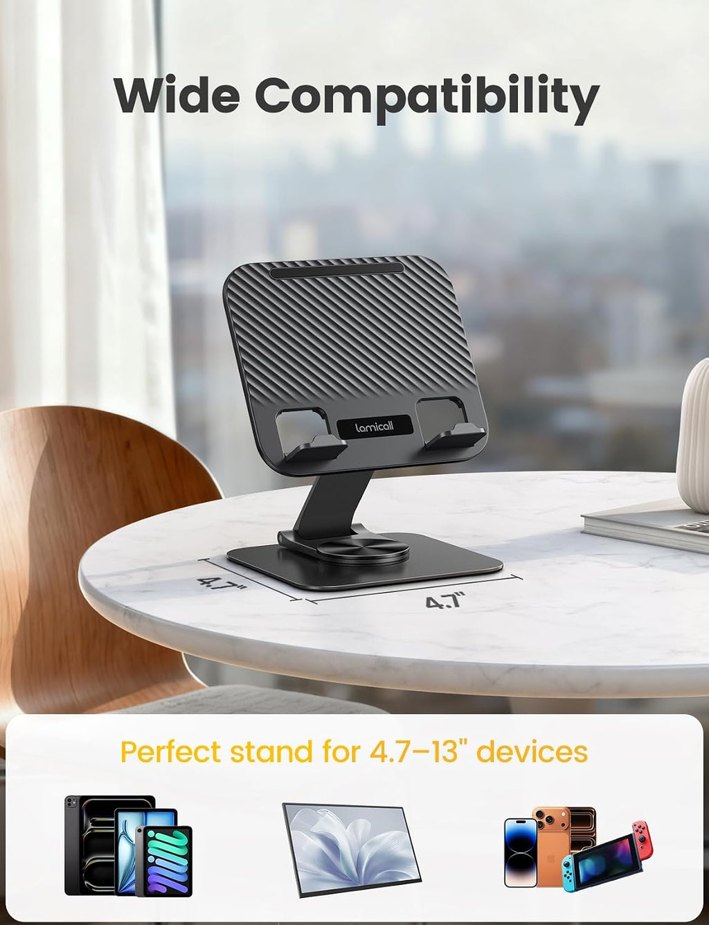 Adjustable iPad Stand for Desk, Ultra-Slim Foldable, 360° Rotation