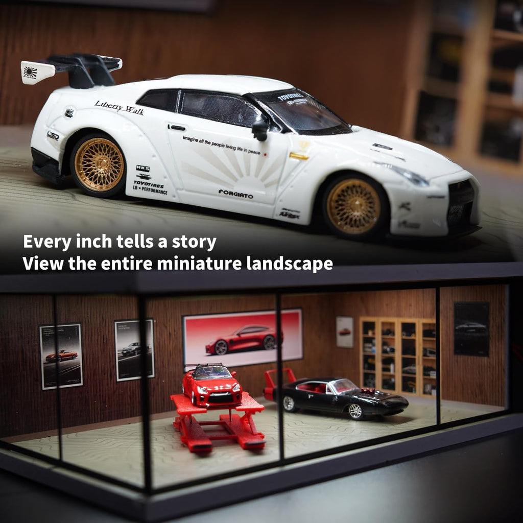 1:64 Scale LED Display Case for Diecast Cars, Vintage Wood Grain Pattern | LED Lighting, Fully Enclosed Dust-Reducing