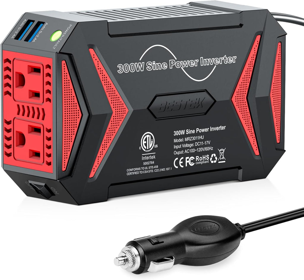 Pure Sine Wave Power Inverter, 300W DC 12-17V to 110V AC Car Adapter | Vehicle Plug in Cigarette Lighter Outlet Solar