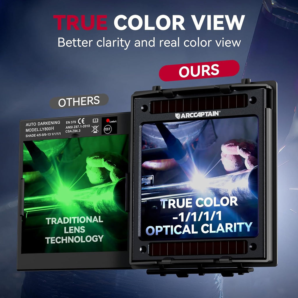 Auto Darkening Welding Helmet with Light, 3.94"X3.66" Large View | True Color 1/1/1/1 Welding Hood, 1/25000s