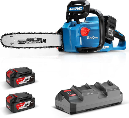 DongCheng 40V 16-Inch Brushless Cordless Chainsaw with 2x4.0Ah Batteries, Gas-Like Power for Tree Felling, Storm