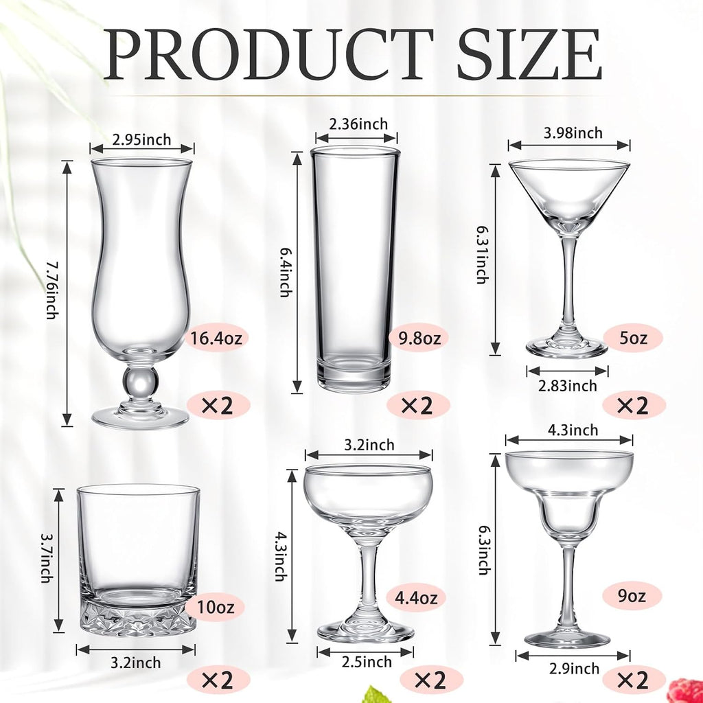12 Set Cocktail Glasses Mixed Drinkware,12-piece Party Set