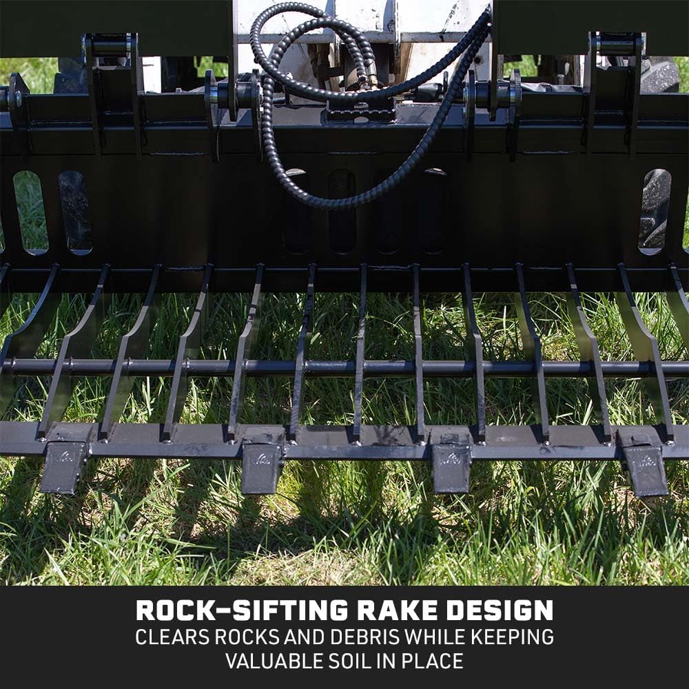 72" Skeleton Rock Grapple Rake with Teeth, Skid Steer Quick Tach Hookup, Fine Grade Tines for Sifting, Side Cutters