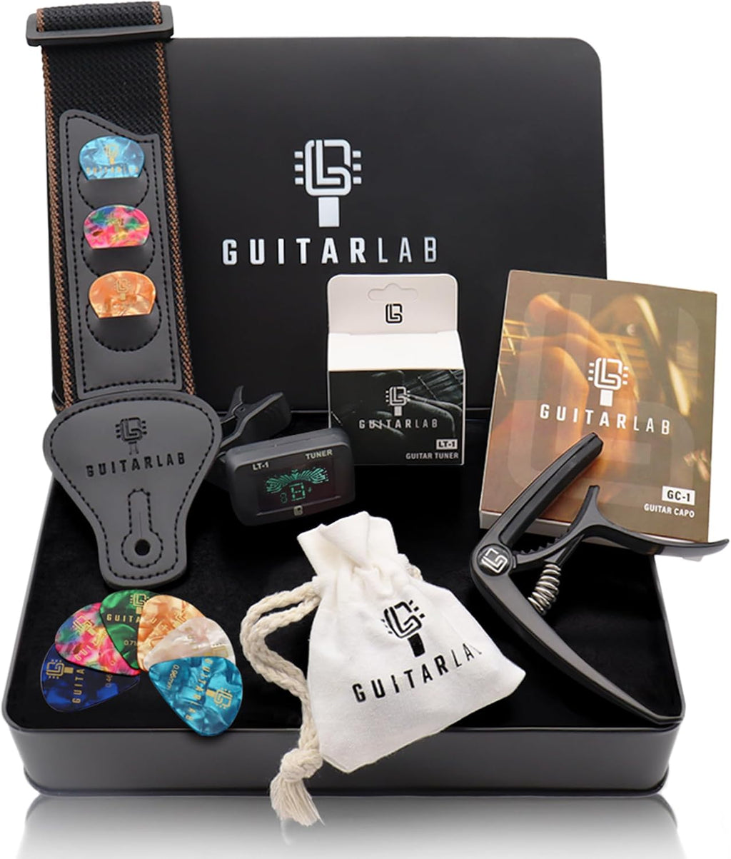 Guitar Accessories Kit - Strap, Capo, Tuner & Picks Gift Set | For electric, acoustic & bass players; beginner