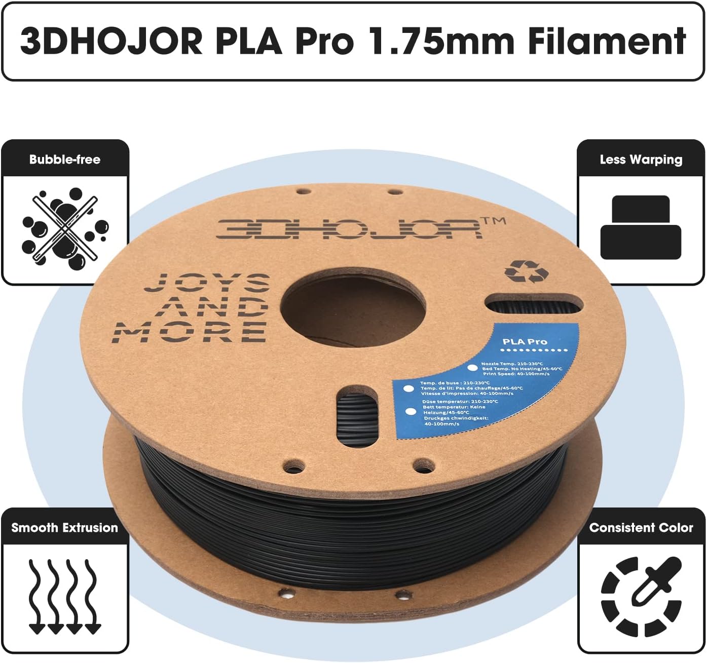 PLA Pro Filament 1.75mm (PLA+ Filament), 1kg 3D Printer PLA Filament, 3D Printing Filament, Cardboard Spool