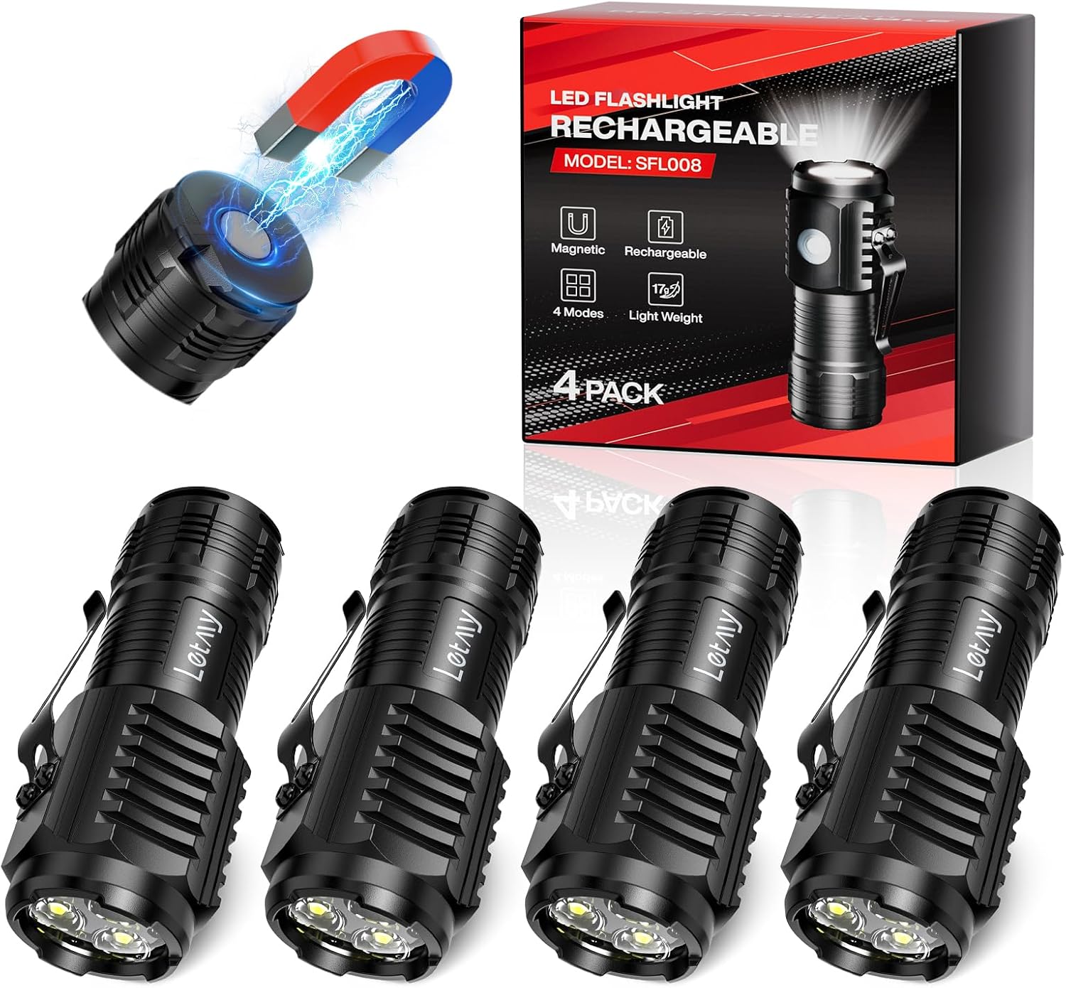 Rechargeable Mini Flashlights with Magnetic Base, 4 Pack Bright 3 LED Flash Lights, Small EDC Flashlight with Belt