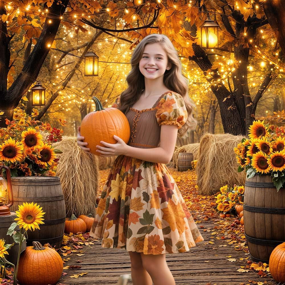 Fall Photo Backdrop, Autumn Forest Scenery Maple Leaves Pumpkins Sunflowers Photography Background, Fall Farm Harvest