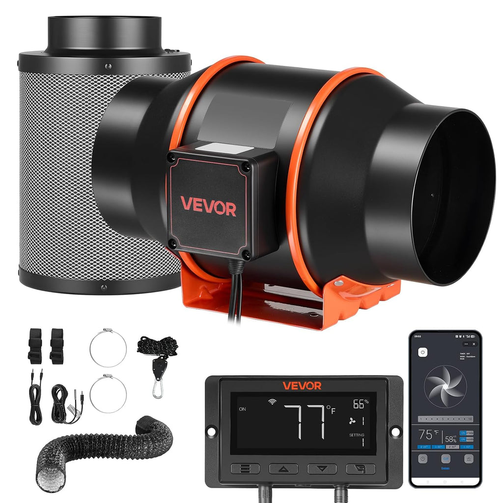 Inline Duct Fan Kit Carbon Filter, 402 CFM 6 inch EC Motor Exhaust Ventilation Fan with 10-Speed, PWM Controller, App