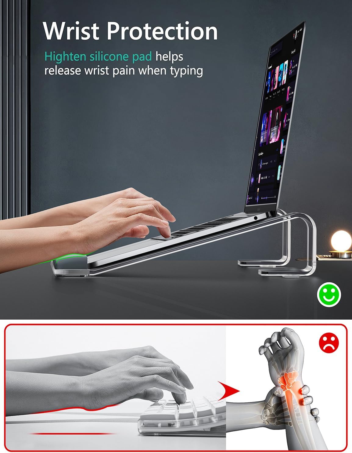 Clear Acrylic Laptop Stand for Desk, with Wrist Rest, Ergonomic Detachable Mount Compatible with 10-17'' All Laptops