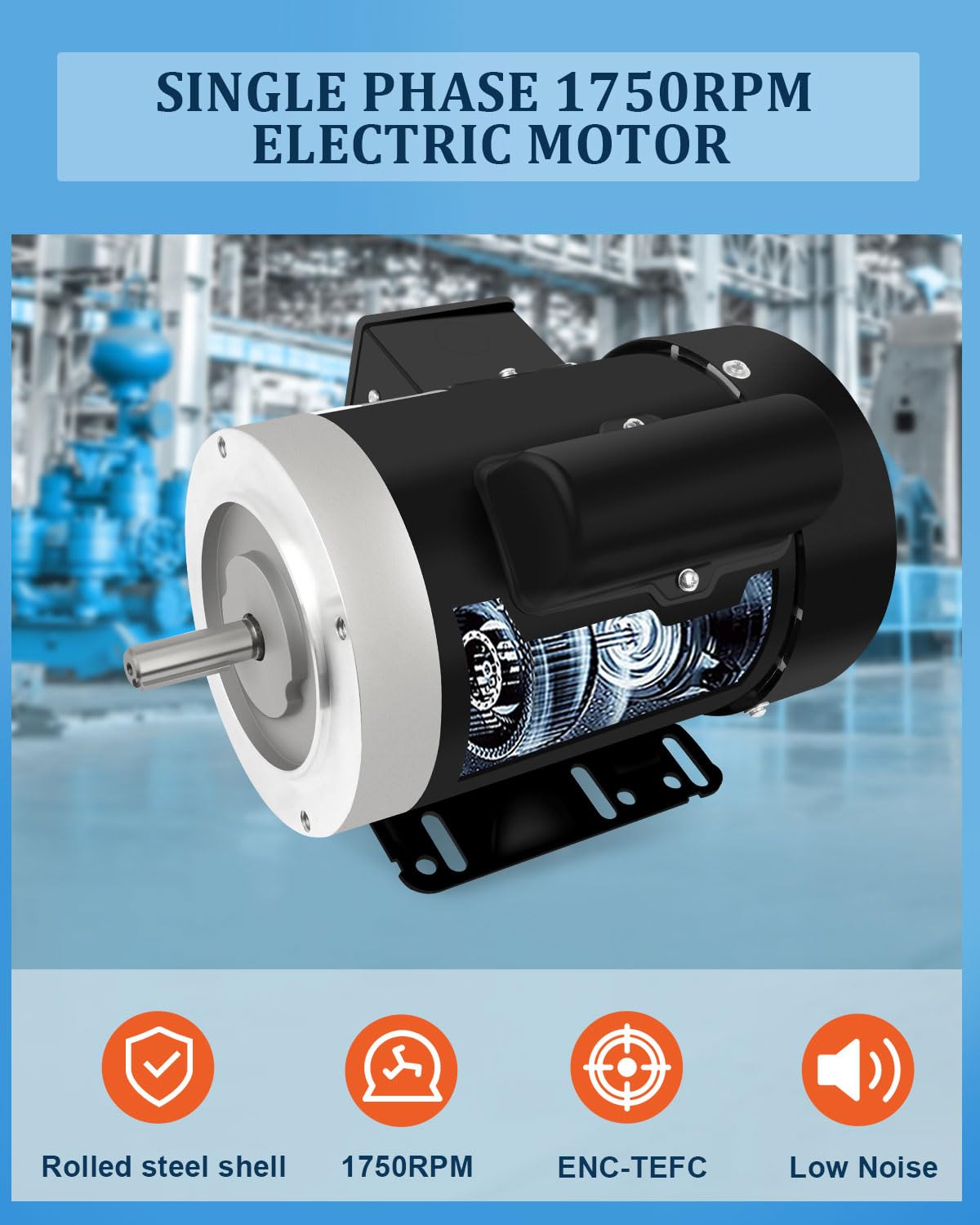 1/2HP Electric Motor Single Phase,1750RPM, 5/8" Shaft Diameter CW/CCW, TEFC 60HZ 115/230V General Purpose Motor