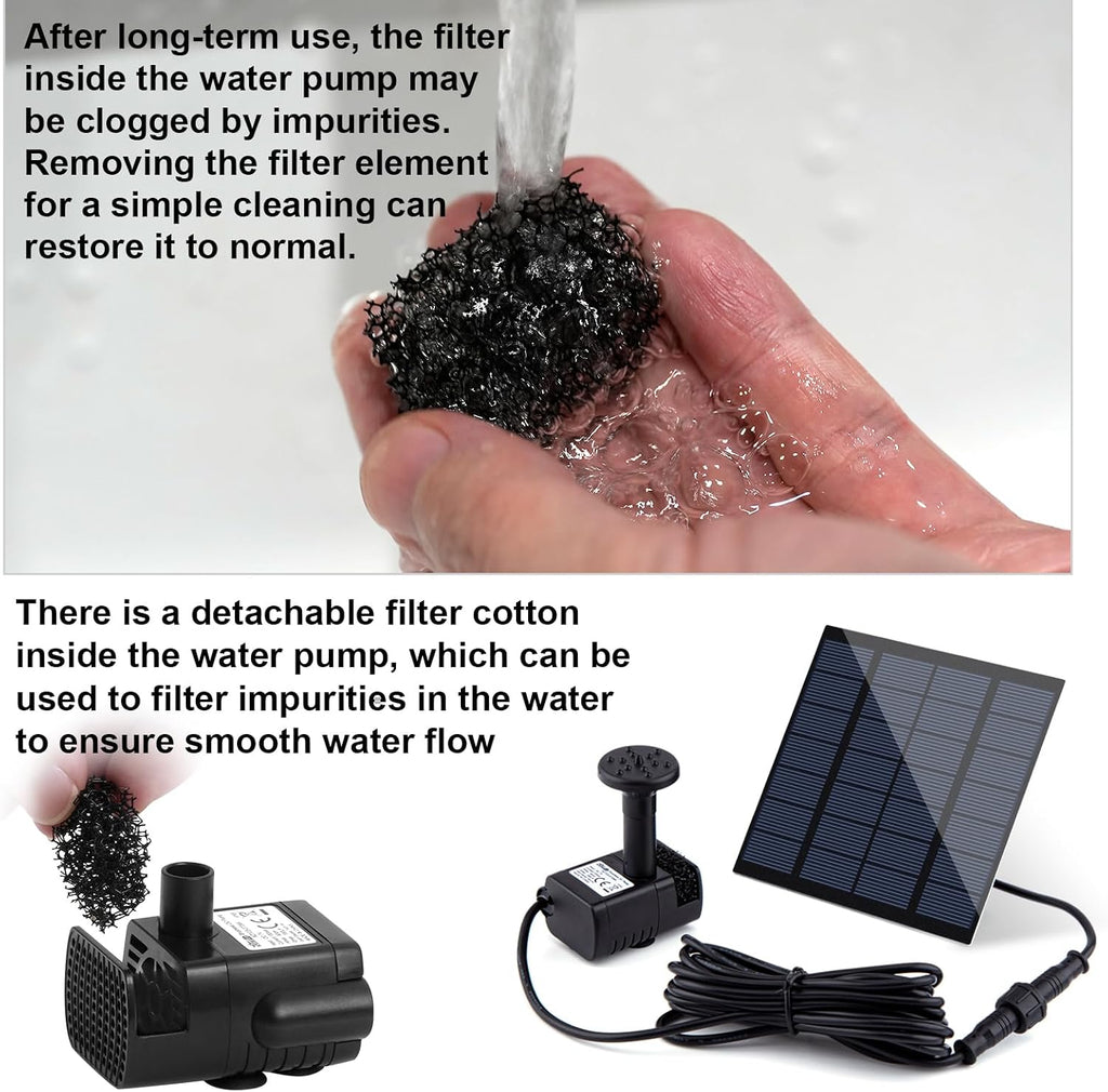 Solar Fountain Pump Kit with Separate Solar Panel, 1.8 W Upgraded Solar Water Pump with 9.84FT Cable & 4 Nozzles