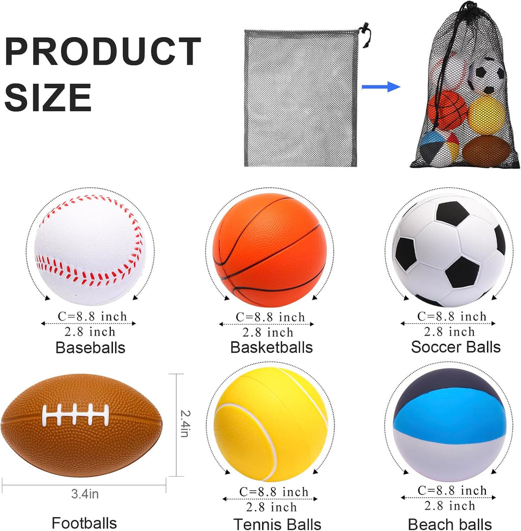 Mini Sports Balls 2.8 inch Set of 6 Foam Ball for Kids Soft Balls for Toddlers with Bag Includes Soccer, Basketball