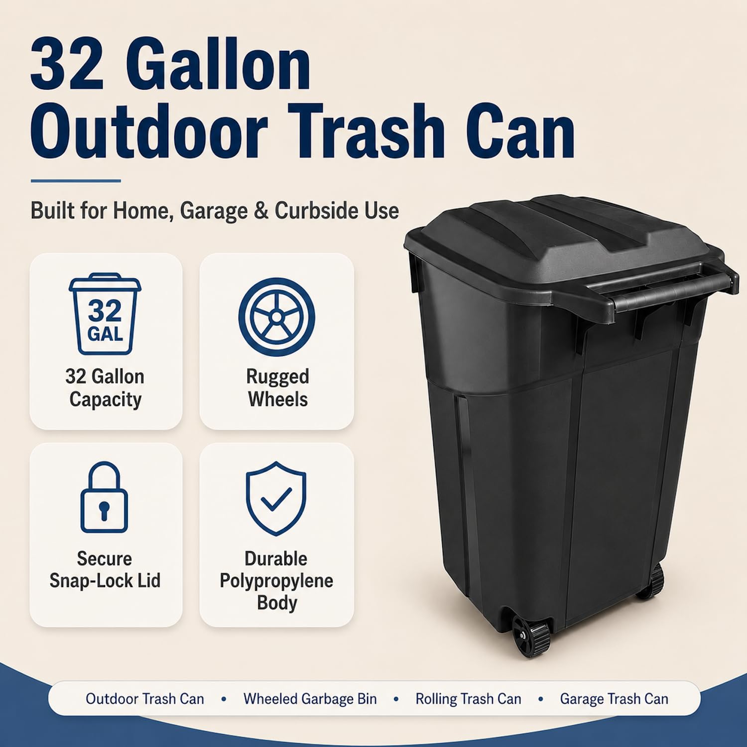 32 Gallon Wheeled Outdoor Trash Can with Secure Lid, Rolling Garbage Bin | 32-45 gallon capacity, durable