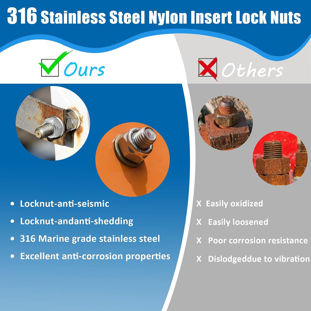 1/2-13 Nylon Insert Lock Nuts 316 Stainless Steel Coarse Thread (10 Pack)