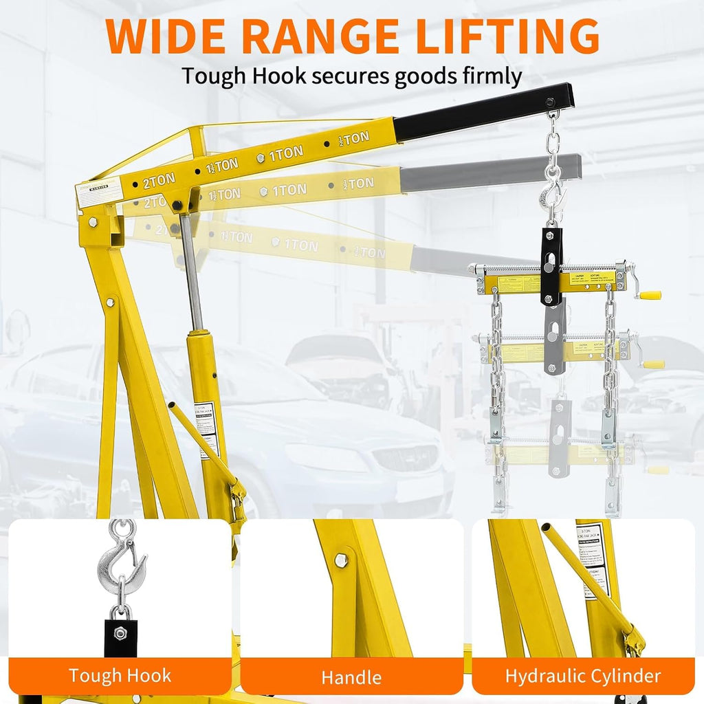 2 Ton Hydraulic Folding Engine Hoist Cherry Picker Shop Crane, 4400 lb Capacity, Telescopic Boom, 6 Caster Wheels