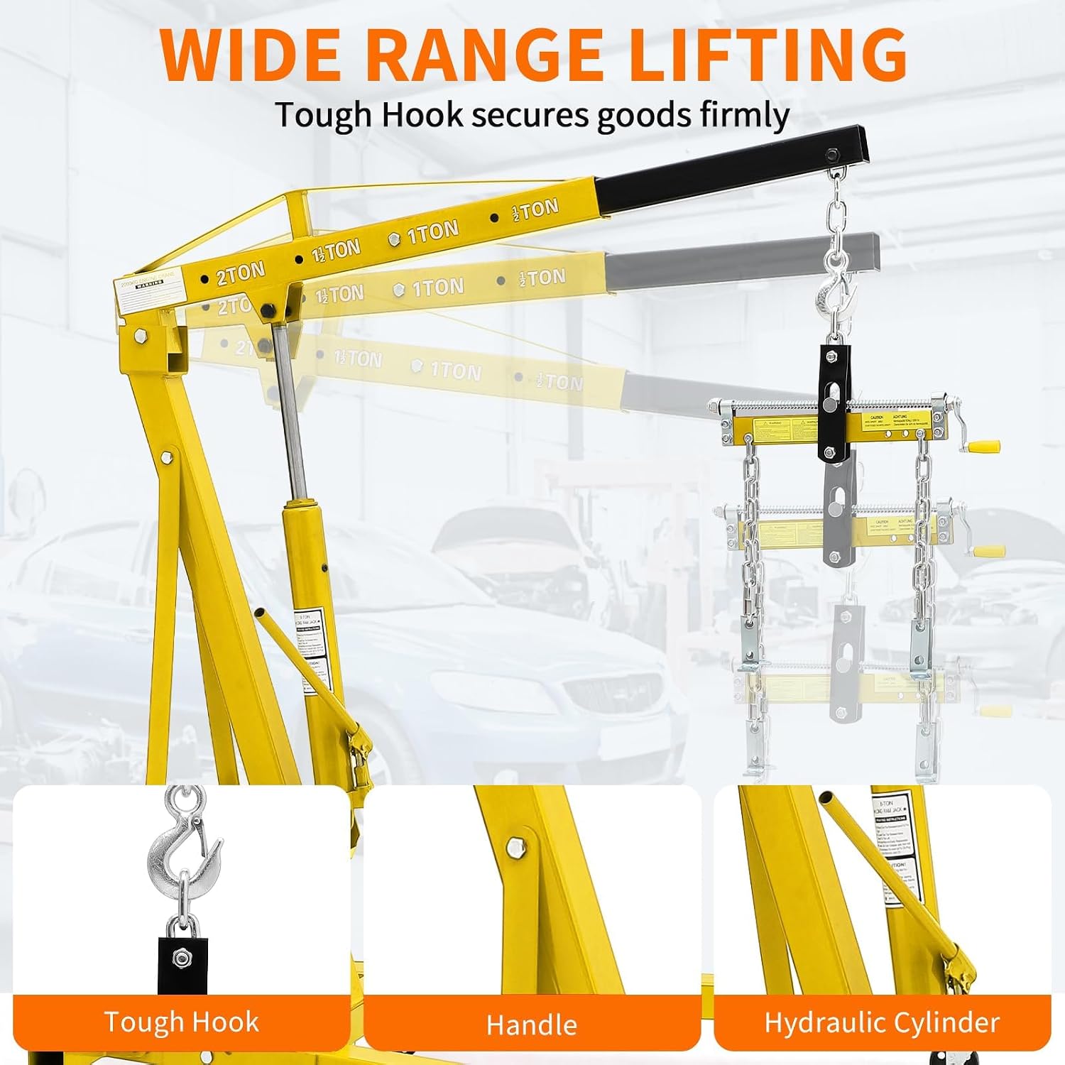 2 Ton Hydraulic Folding Engine Hoist Cherry Picker Shop Crane, 4400 lb Capacity, Telescopic Boom, 6 Caster Wheels