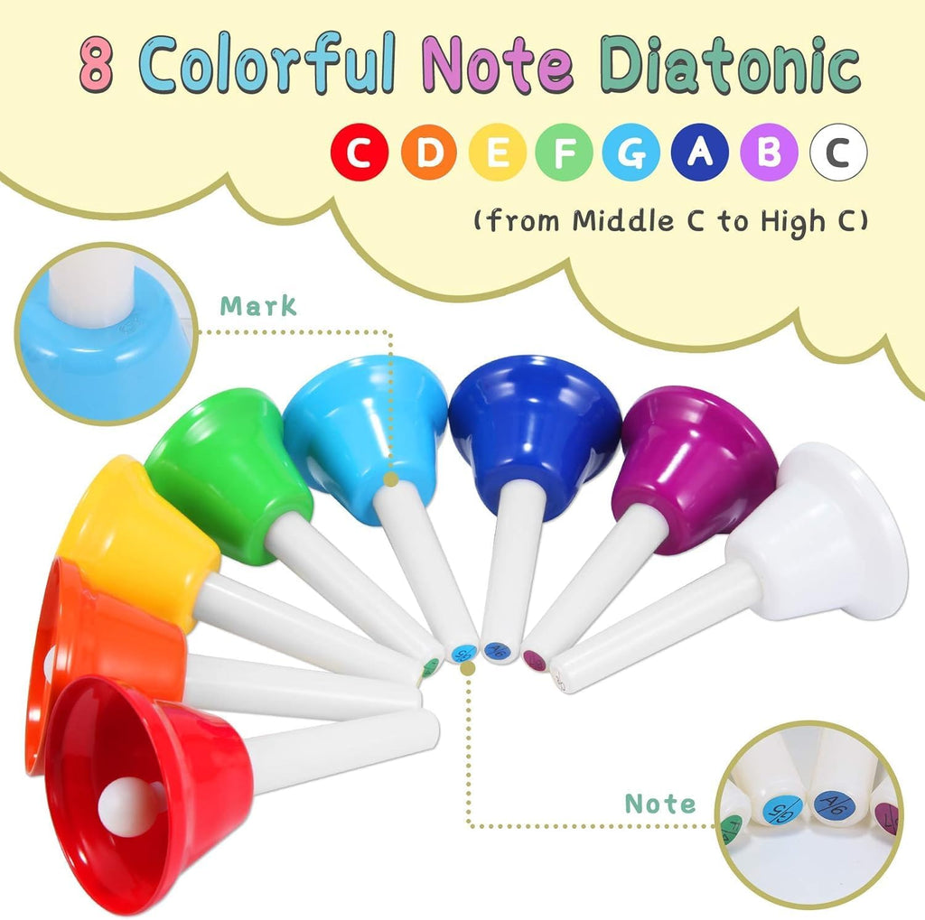 Hand Bells, 8 Note Musical Handbells Set with 17 Songbook Musical Toy Percussion Instrument for Toddlers Children