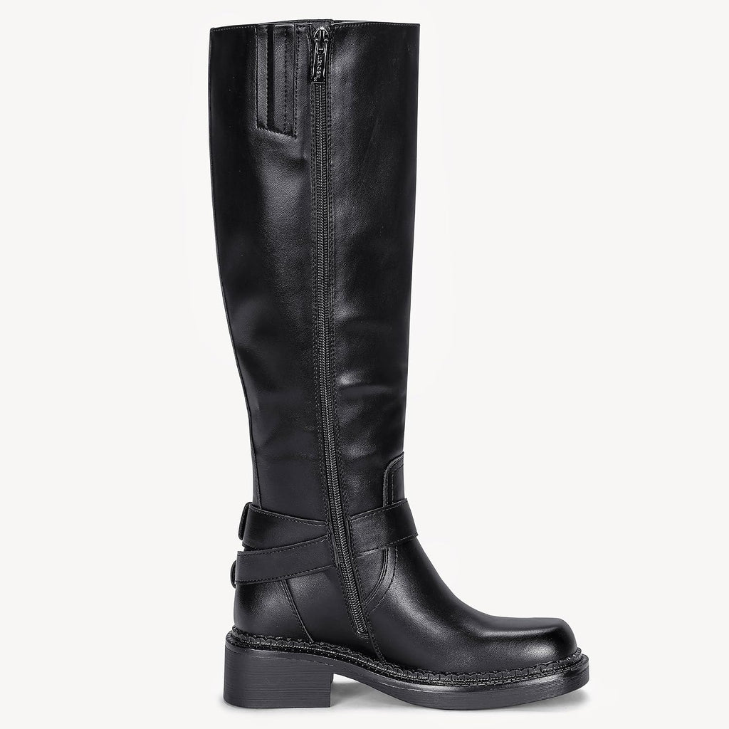 Women's Knee High Riding Boots, Square Toe Buckle Harness Style