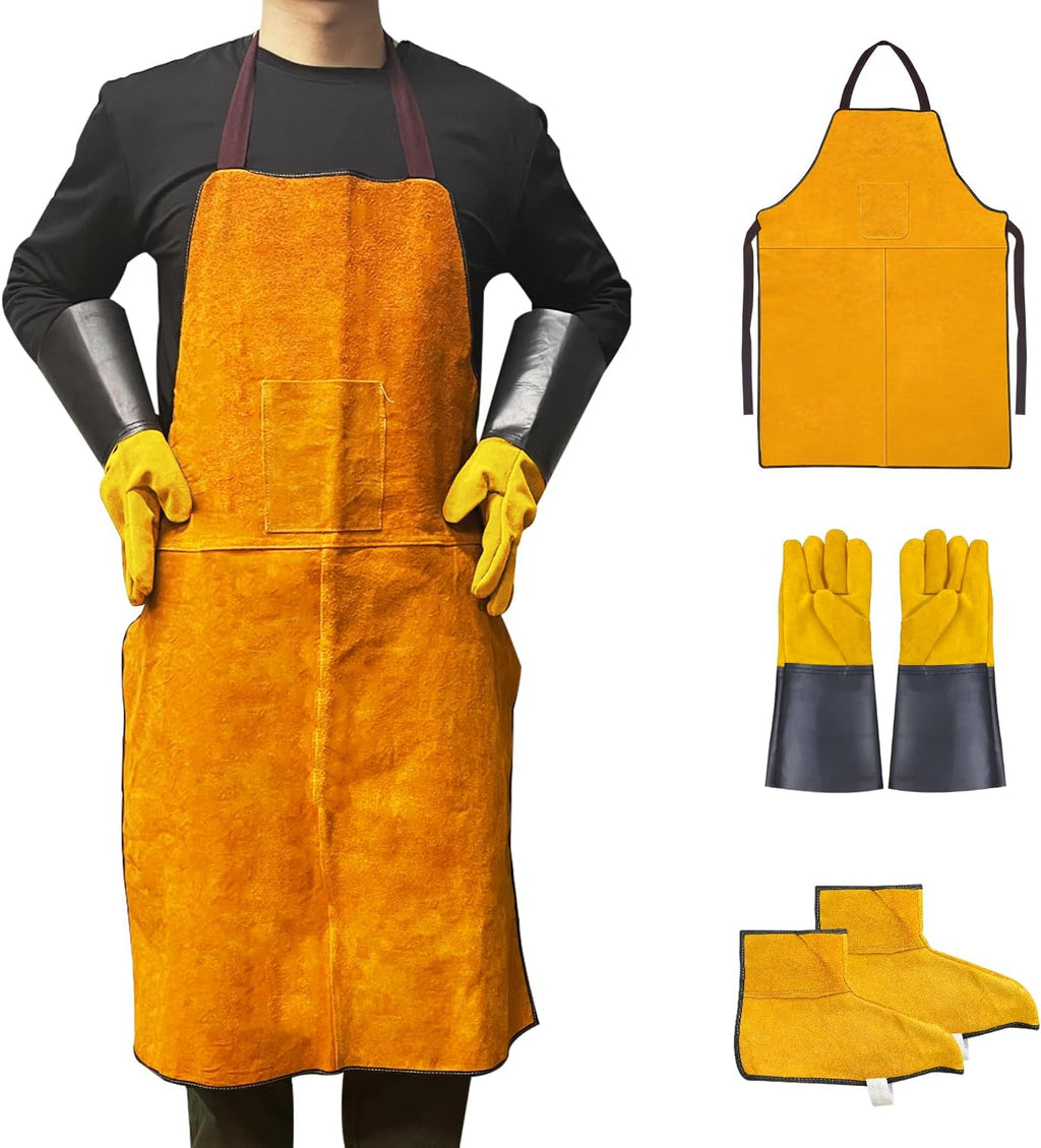 Men's Gloves and Feet Welding Apron - Heat Resistant and Flame Retardant Leather Processing Shop Blacksmith Apron