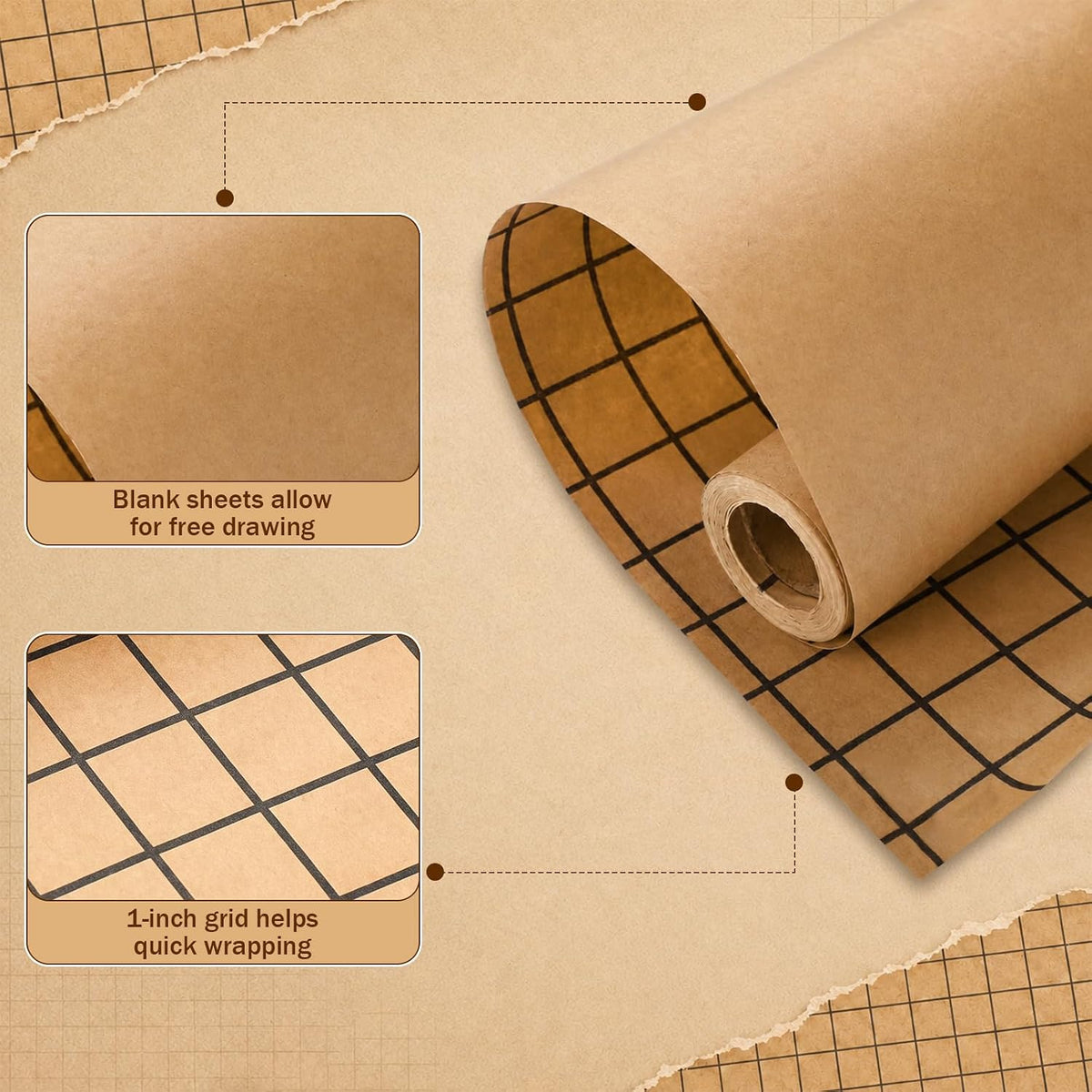 36'' x 30 ft Brown Kraft Wrapping Paper Roll with 1'' Grid