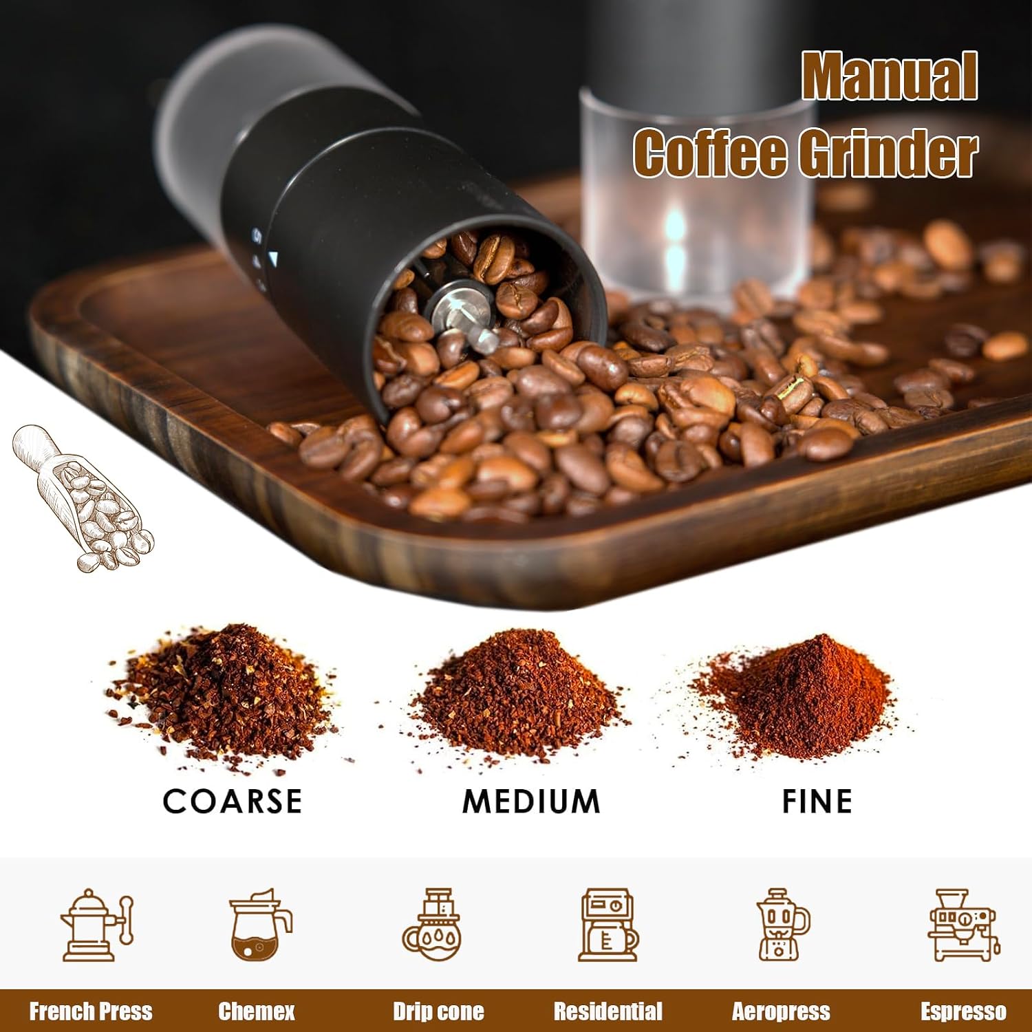 Manual Coffee Grinder, 5 External Settings, Ceramic Conical Burr | External adjustment ring for quick grind changes;