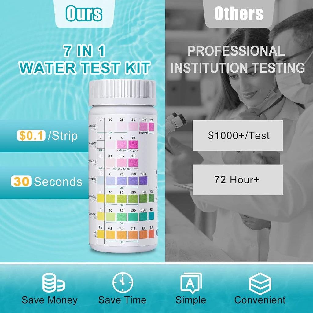 7 in 1 Aquarium Test Kit for Freshwater and Saltwater - 125 Aquarium Test Strips with Test Tube & Thermometer - Fast
