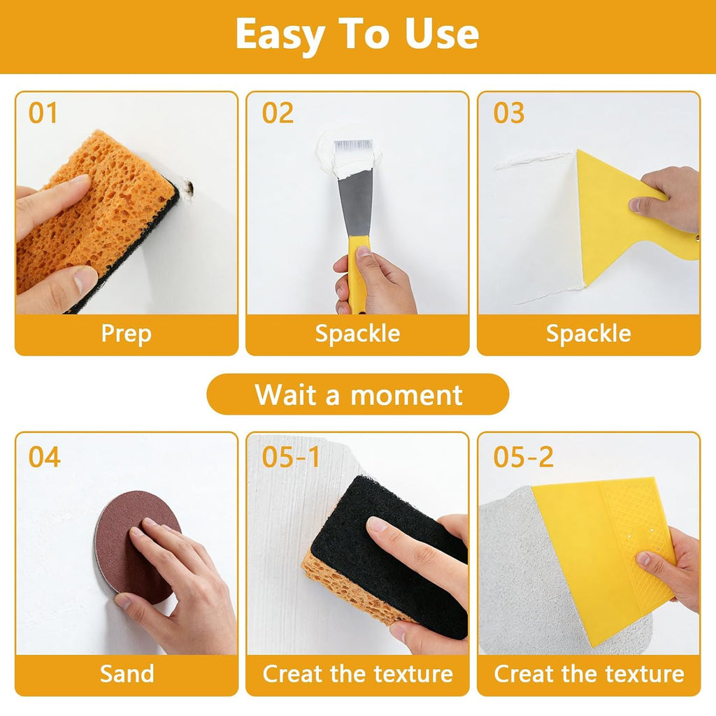 Drywall Repair Kit, 8.8oz Spackle Wall Repair Paste with Scraper, 6 Sandpaper Sheets & Self Adhesive Dry Wall Patch