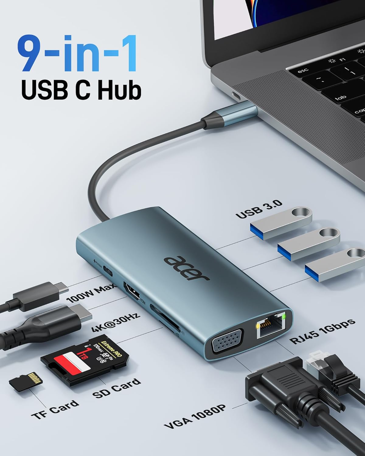 USB C Hub with 4k HDMI, 9-in-1 USB C to Ethernet Adapter, 5Gbps USBA 3.0 Docking Station, VGA Splitter, SD Card
