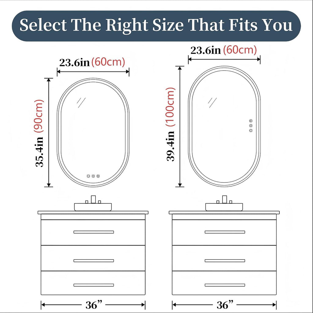 24x36'' Oval LED Lighted Bathroom Mirror with Lights | Frameless, Fogless, Dimmable, Shatterproof, Touch Sensor, 3