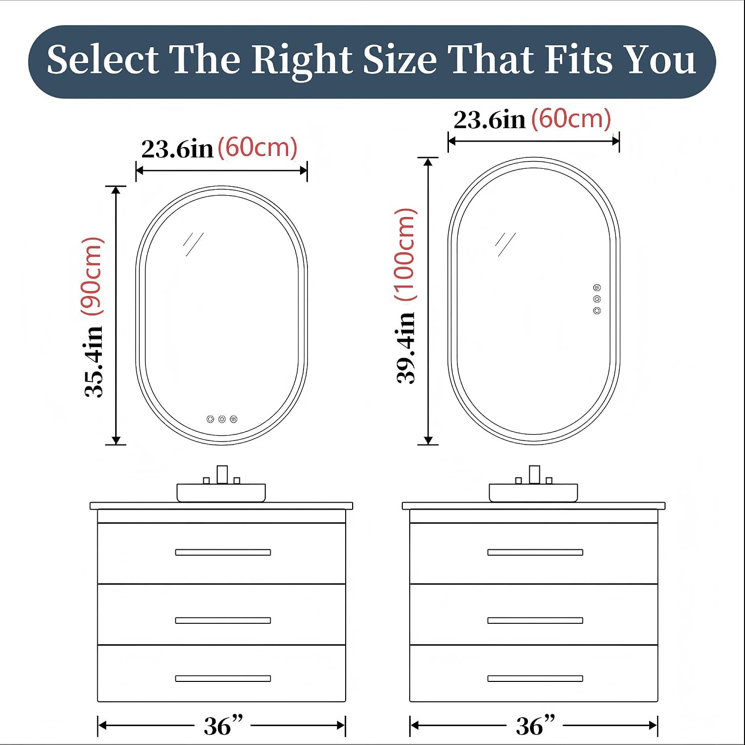 24x36'' Oval LED Lighted Bathroom Mirror with Lights | Frameless, Fogless, Dimmable, Shatterproof, Touch Sensor, 3