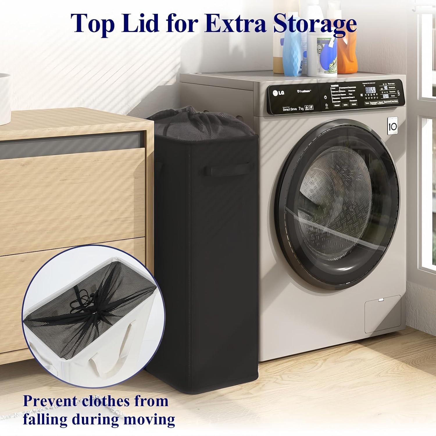 50L Slim Laundry Hamper, Small Laundry Basket With Handles, Black Narrow Laundry Basket for Dorm, Bedroom, Living