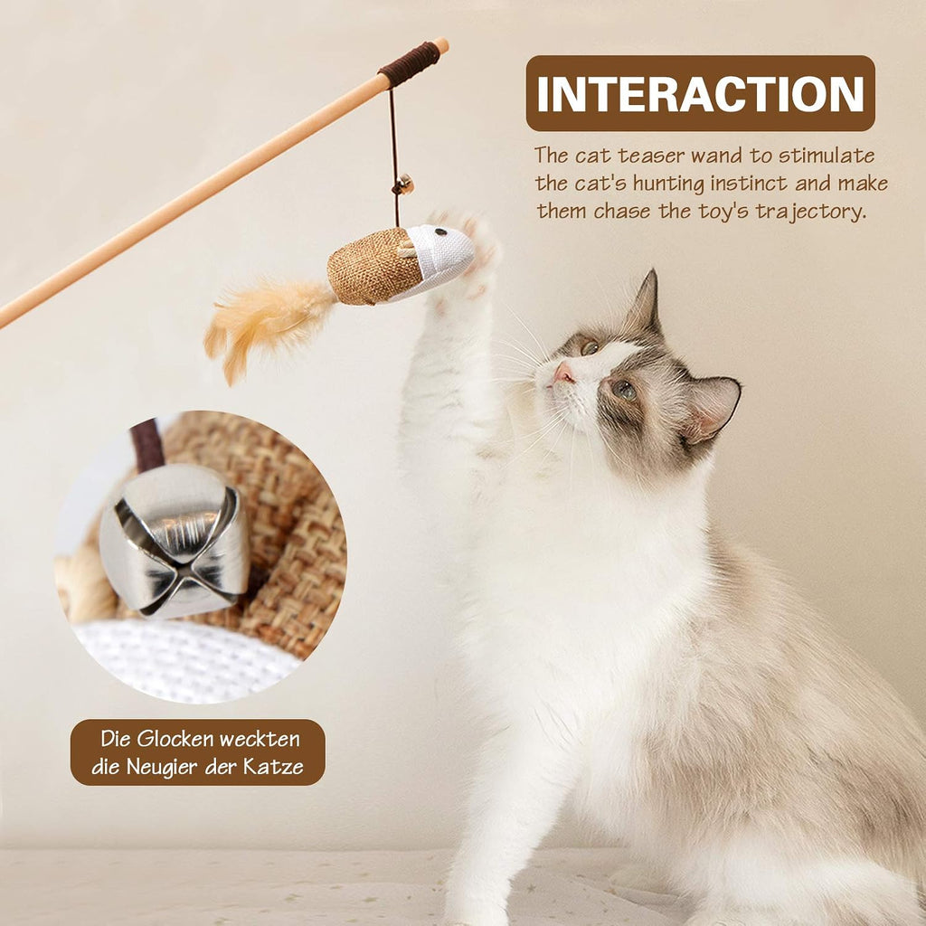 3-Piece Natural Wooden Cat Teaser Wand Toy Kit with 5 Silvervine Sticks and Elastic String Cat Pole Toy with Bell and