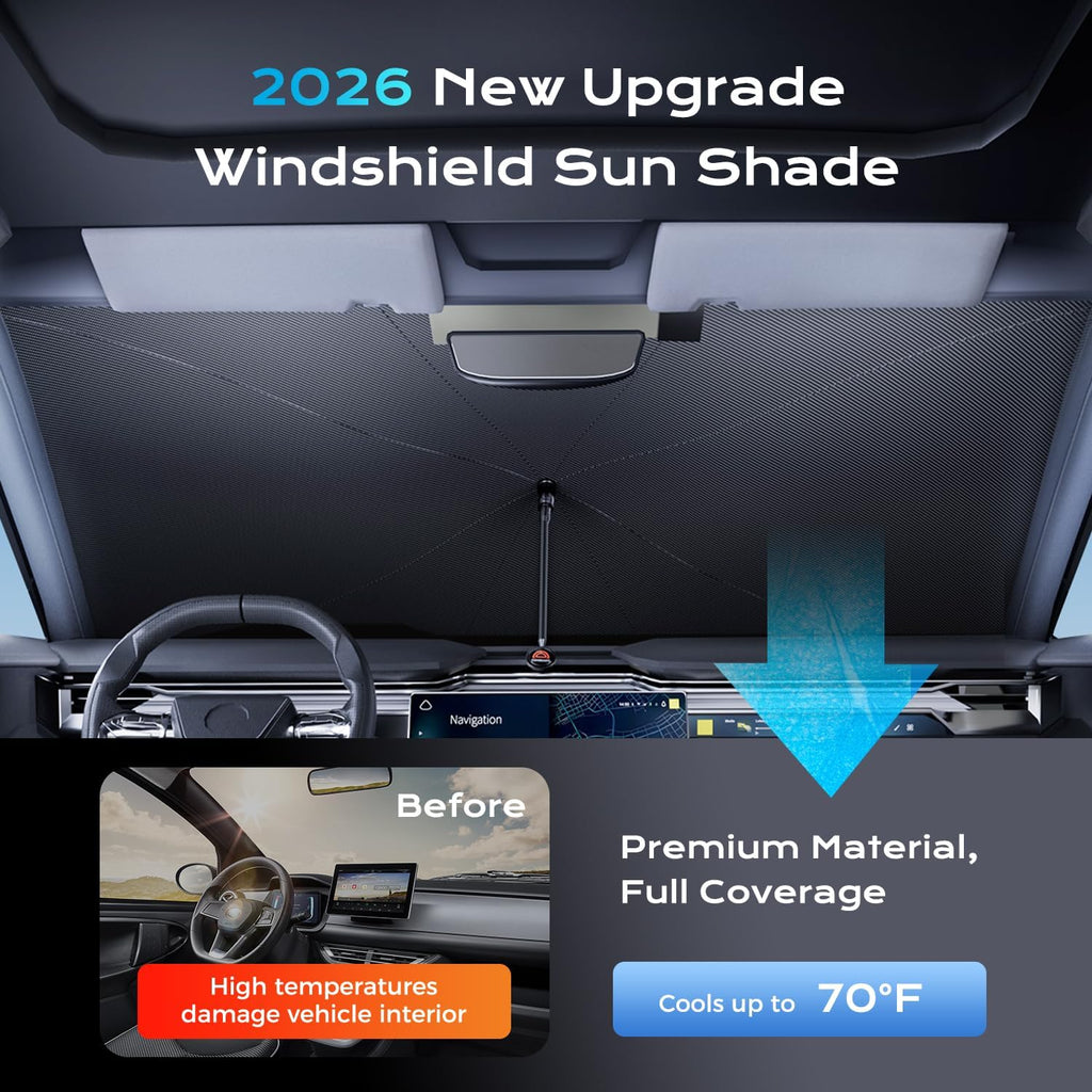 [2026 Upgrade] Coverado Windshield Sun Shade, UPF80+ Sunshade for Car Windshield Blocks Heat & UV Rays, Thickened