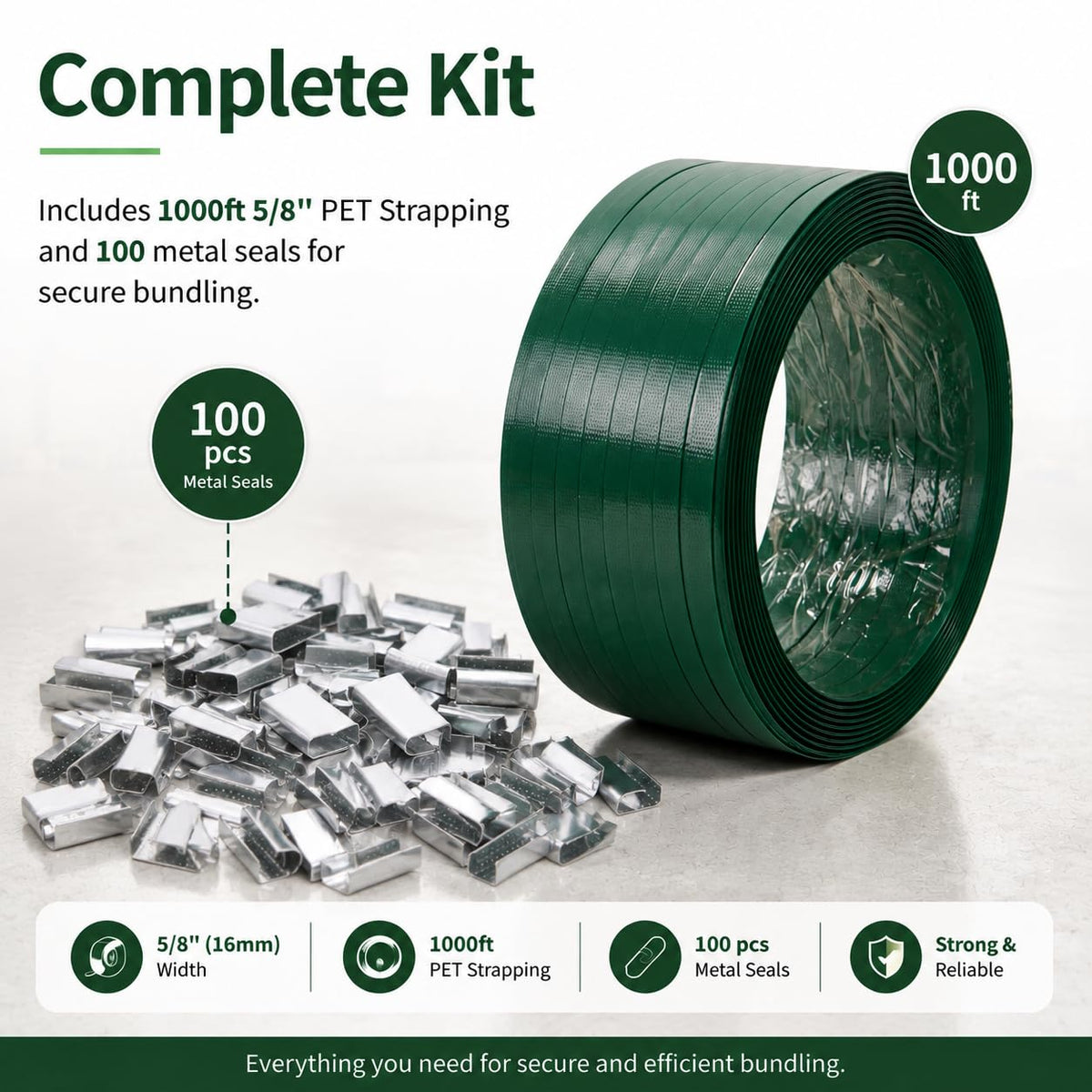 1000ft 5/8'' Polyester (PET) Strapping and 100Pc Metal Seals
