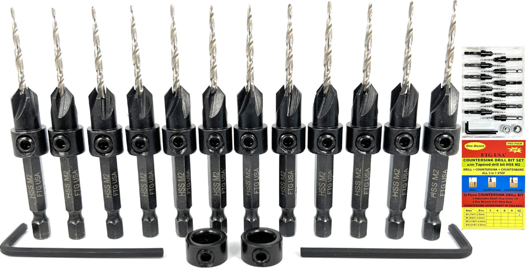 FTG USA 12 Pc #4 (7/64") Tapered Countersink Drill Bit Set with 2 Stops